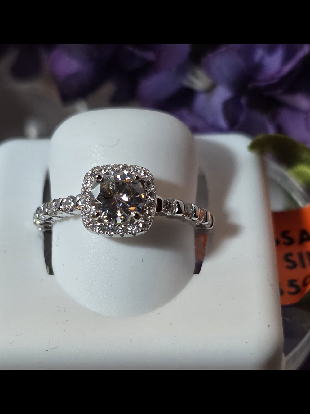 Sterling Silver Cushion Halo Engagement Ring in White